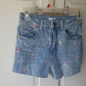 Light Blue Denim Shorts w Mushroom Embroidery Love Fire Size 1